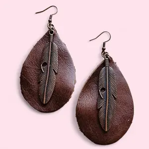 Leather Teardrop Earrings with Copper Feather