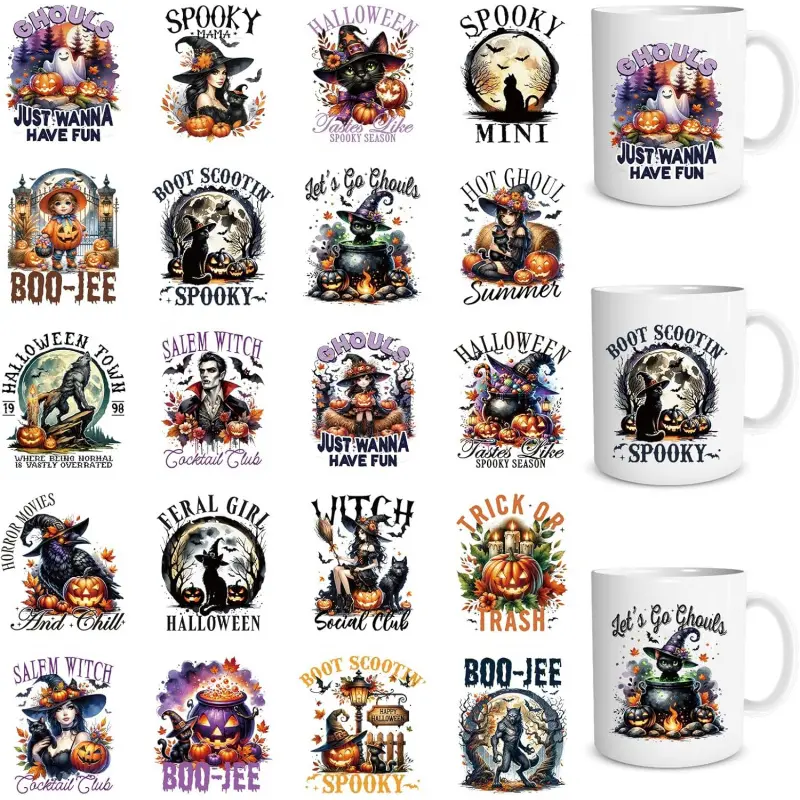 UV DTF Cup Wrap - 20 Sheets Halloween UV DTF Cup Wraps for 16 OZ Glass Mugs, Cute Black Cat Witch UVDTF Stickers, Spooky Pumpkin Wolf Bat Rub on Transfer Decals for Water Bottles Tumblers