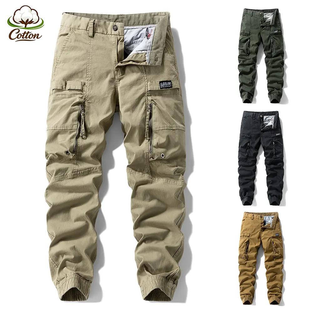 Tactical Multi Zip Pocket Cargo Joggers, Effortless Elastic Cuff  Cotton Pants - Durable Utility Trousers Men Streetwear Outfit Quiet Luxury Staple spring summer hiking work bottoms classy everyday going out wear