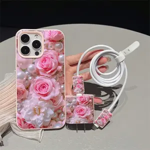 Rose Pattern Phone Case Set with Charger Cover, Cable Protector & Storage Rope, Anti-Drop Tpu Shell for iPhone Models