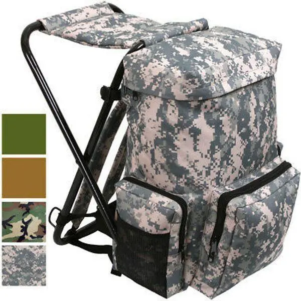 Travel Backpack with Stool Combo Camping Bag Hiking Pack Camo Knapsack Chair