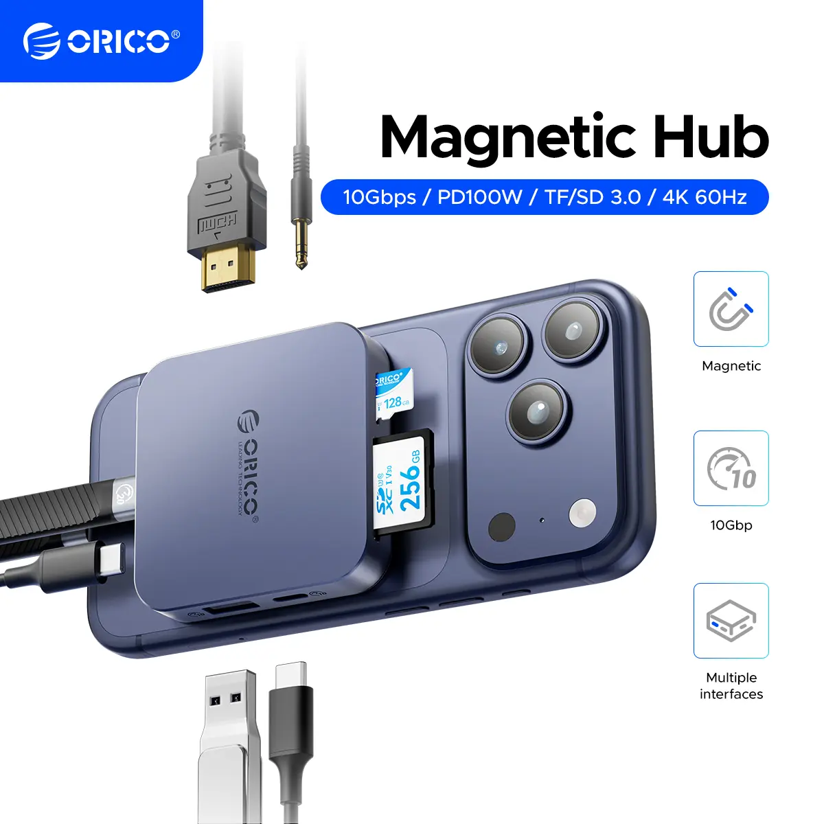 ORICO Magnetic M.2 Docking Station, 8 Ports 10Gbps USB C HUB & M.2 2230 NVMe Enclosure with HDMI 4K@60Hz,SD/TF, USB-A&C 3.2, 100W PD, AUX, USBC Dock for iPhone 17/16/15 Pro/Pro Max-MG