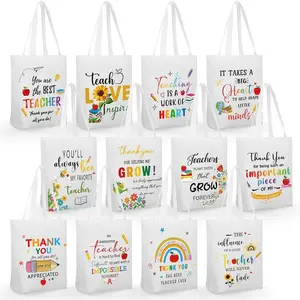 Sadnyy 12 Pcs Teacher Canvas Tote Bag Bulk Appreciation Gifts for Women Thank You Gift Teach Inspire Love Reusable Cotton Canvas Tote Bag with Pattern for School Work Teacher Supply