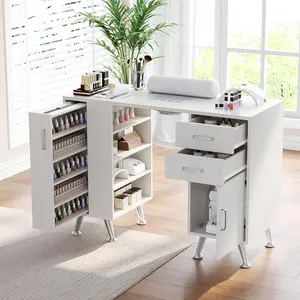 42.5 Inch Manicure Table, Nail Desk with Vertical Pull-Out Locker, 1 Storage Cabinet, 2 Drawers, 4-Tiers Open Shelves, Wrist Rest and Dust Collector, Nail Table Workstation for Beauty Salon