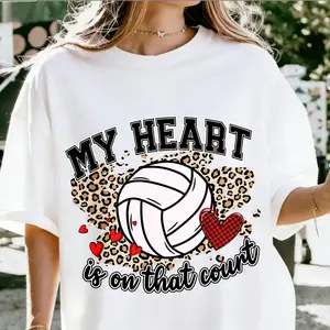 Volleyball Passion T-shirt, Leopard Print Heart Design Top, My Heart Is On That Court Apparel, Sports Dedication Tee, Fan Club T-shirt