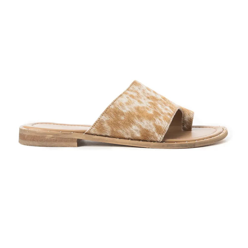 Women's Toe-Loop Slide Sandals - Chic Minimalist Footwear, Tan and White Cow Hide Print, Genuine Leather Footbed, Low-Profile Rubber Sole, Women's Shoes, Chic Women's Sandals