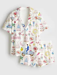 Women’s Whimsical Wedding Pastel Pajama Set, Short Sleeve Satin Bride & Groom Cake Bouquet Print Sleepwear, Bridal PJs