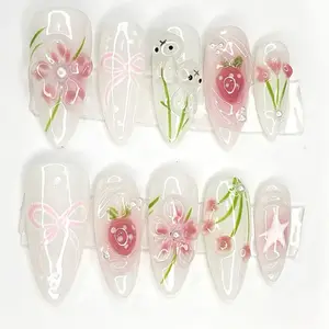 Berry Fairy – Pink Jelly Floral Press-On Nails, Cute Cartoon Fake Nails with Ribbons