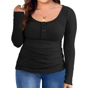Women’s Plus Size Henley T Shirts Long Sleeve Button Down Tunic Blouse Loose Fit Tops Scoop Neck Ribbed Knit Shirts BBW Big Beautiful  Woman Over Size