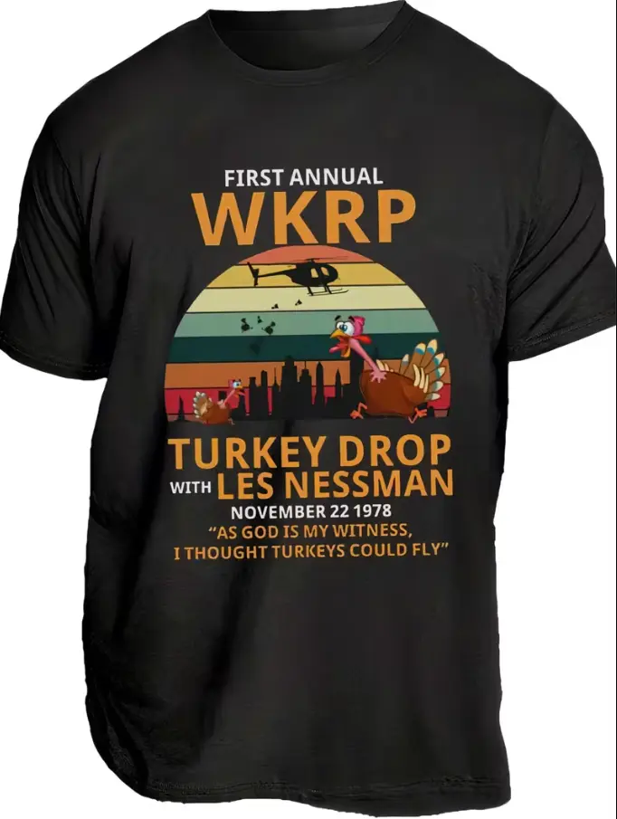 Women's Shortsleeve Loose Cotton Casual Classic WKRP Turkey Drop T-Shirt - 70s Retro Breathable Vintage Graphic Tee with Helicopter, Sunset Design, Iconic Quote, for Thanksgiving Nostalgic Fans