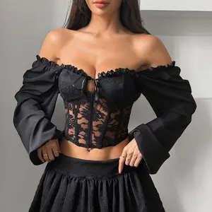 Women Black Lace Patchwork Off Shoulder Corset Top Long Sleeve Fairycore Grunge Crop Top Y2K Coquette Aesthetic Slim Fit Streetwear