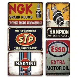 Vintage Metal Tin Signs Retro Garage Signs, 5 Pcs Wall Decorations for Men, Old Car Shop and Oil Station Decor, 8×12 Inch Size