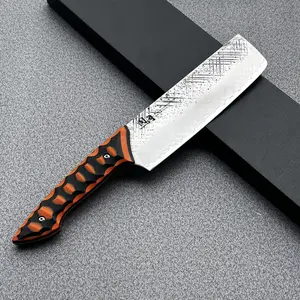 TONG GANG 7-in Handmade Forged Kitchen Cleaver, 10Cr15CoMoV Stainless Steel Blade, Orange-Black G10 Handle, Kitchenware