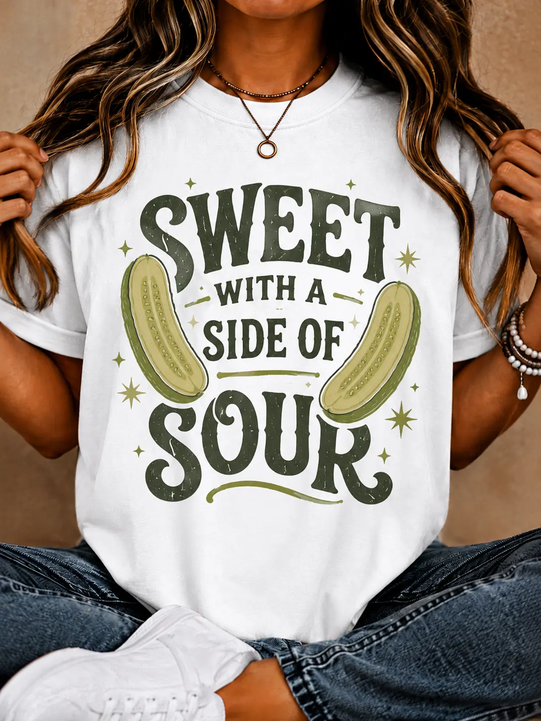 Women’s Plus Size Sweet with a Side of Sour T-Shirt, Funny Pickle Graphic Cotton Short Sleeve Tee, Casual Loose Fit Top