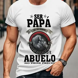 Men's Spanish Grandpa & Dad Pride T-Shirt - 100% Cotton "Ser Papa Es Un Honor/Ser Abuelo No Tiene Precio" (It's an Honor to Be a Father/Grandfather) Bold Text & Fist/Chain/Star Graphic, Casual Crew Neck Short Sleeve Tee for Spanish-Language