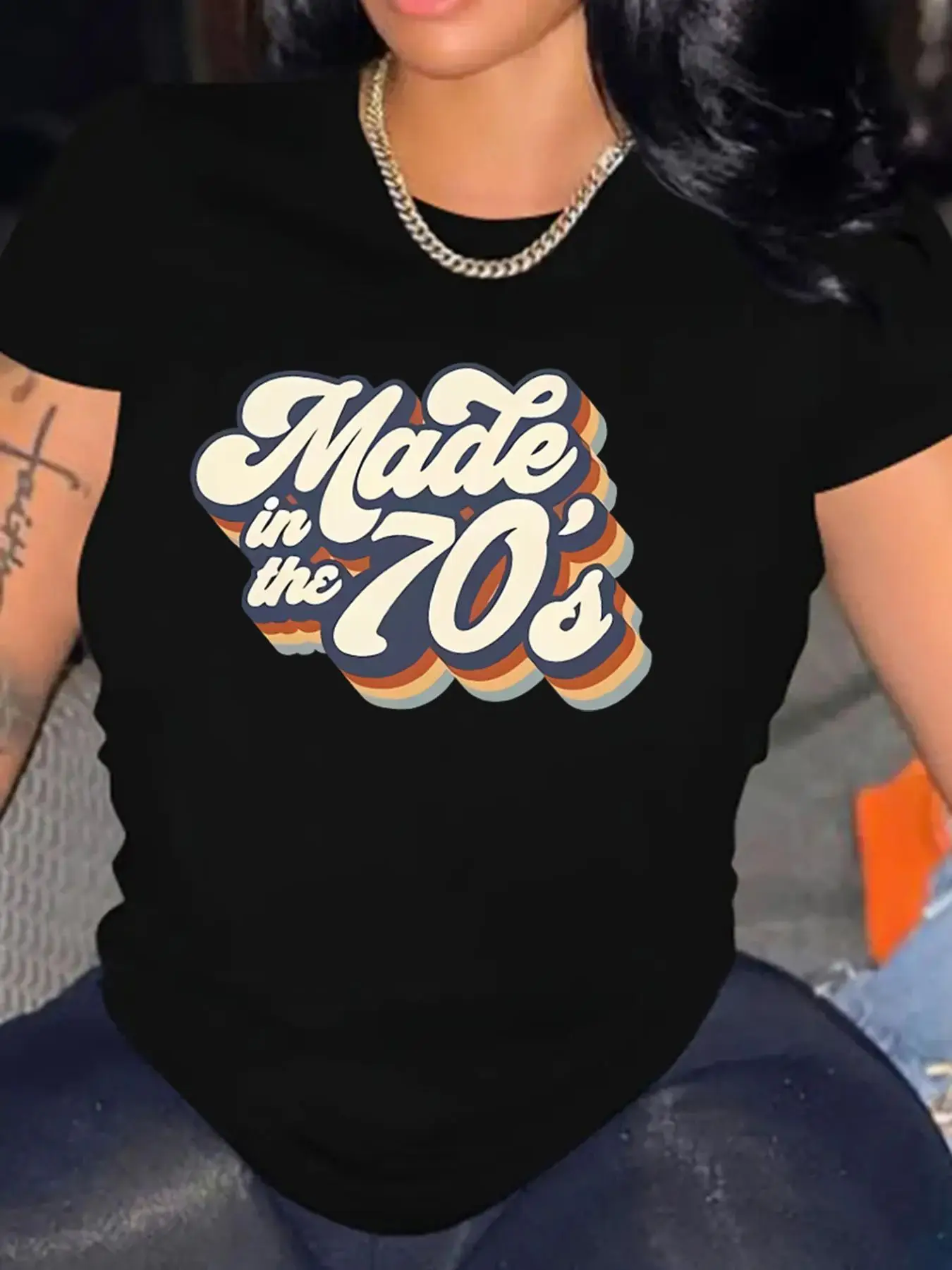 Women's Letter Print Short Sleeve Crewneck T-shirt, Vintage Graphic Tees, Summer Streetwear Fitted Tshirt for Women, Back To School Outfits for Fall,