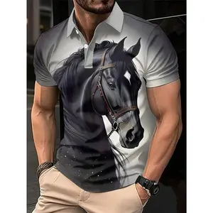 Men'S Casual 3D Print Black Horse Polo Shirt - Short Sleeve, Sporty Style, Summer Golf Shirt with Slight Stretch Fabric, Regular Fit, Lapel Collar, Casual Summer Shirt |   Sporty Casual Shirt |   Comfortable Fit Shirt(Sheets)