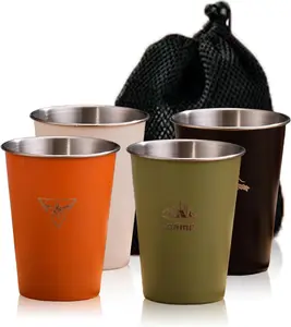 Camping Cup 12oz (4 Pack) Stainless Steel Cup for Outdoor Picnic Hiking Fishing Surfing Party Pint cup Metal Mug Tumbler Camping Gift for Him