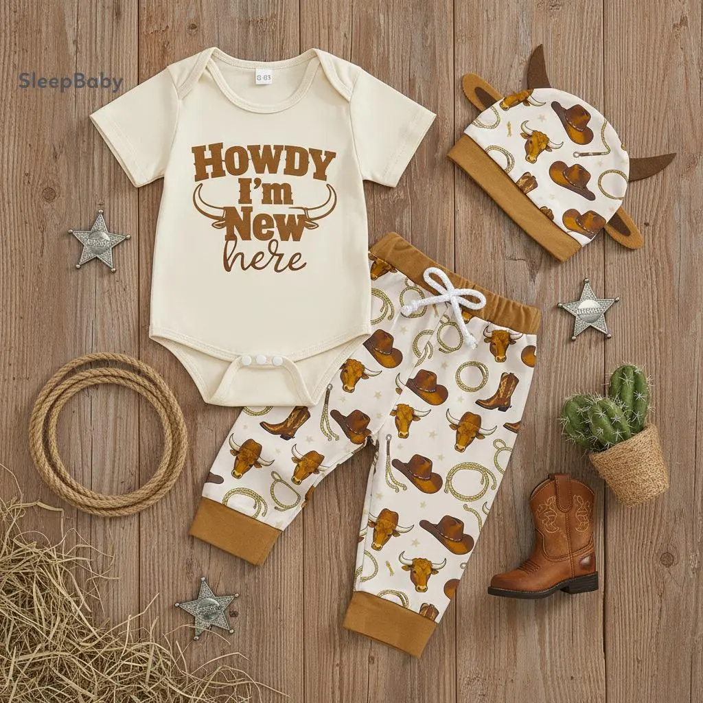 Baby Boy Western Outfit Set, 3-Piece Short Sleeve Cotton Romper with Cattle & Boots Print, Pants & Hat, Infant Clothing Gifts, Baby Clothing, Crew Neck, Outfit Sets, Short Sleeves, For Boys, Cow Print, Polyester, Western Theme, Set Includes Hat