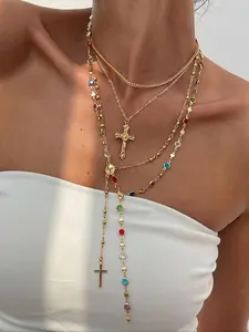 4-Piece Spring Summer Multicolor Artificial Crystal Cross Necklace, Boho Style Y-Shaped Collarbone Chain, Unique Sexy Pendant Jewelry