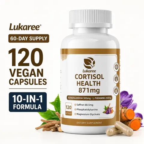 Lukaree Daily Stress Cortisol Support, 10-in-1 Calm & Focus Formula with Ashwagandha, L-Theanine, Magnesium Glycinate & Phosphatidylserine, 120 Vegan Capsules, 60-Day Supply