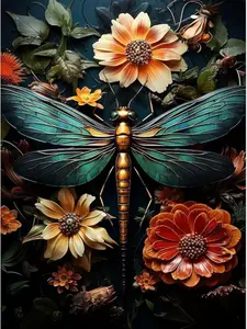 5D Full Drill Diamond Painting Kit, Ornate Dragonfly & Floral Art, Metallic-Style Teal Dragonfly with Vibrant Autumn Flowers DIY Wall Decor