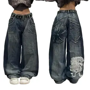 Y2K Hip Hop Streetwear Tiger Print Baggy Jeans Curvy, Vintage High Waist Denim Pants, Baggyjeansmen, Graphic Jean Denim