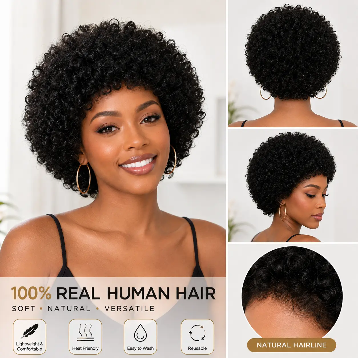 WENYAN Glueless Wear and Go Black Wig Human Hair Full Machine Wig, Short Coily Curly 70s Afro Puff Volumizing Soft Locs Toupee for Daily & Party Use, Coily Curly Wig