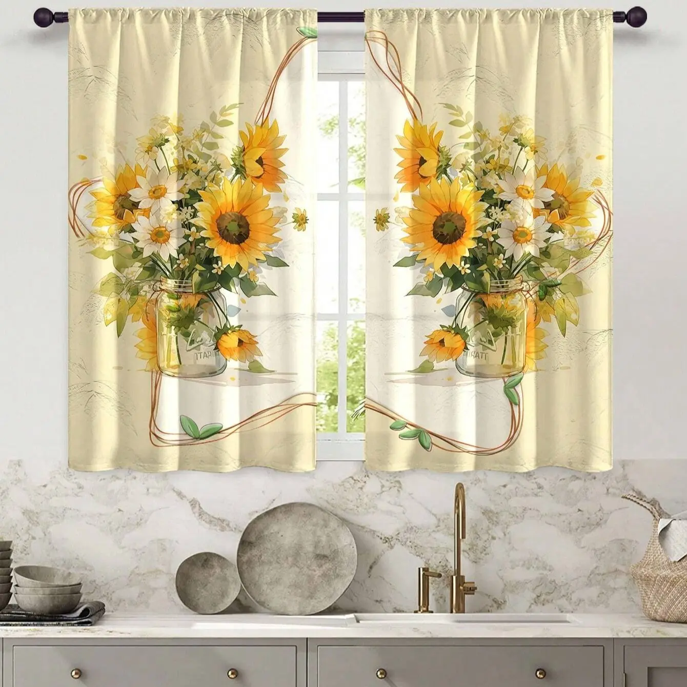 2 pieces, installed by pocket rod method, digital sunflower flower-printed window drapes, Home Decorative Curtain, suitable for living room, closet, bedroom, study, dining room, and home decoration.