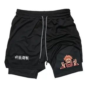 Jujutsu Kaisen Ryomen Sukuna 2-in-1 Gym Shorts Graphic Shorts Black Camo Streetwear Shorts Men Outfits Men Vacation Outfits Shorts