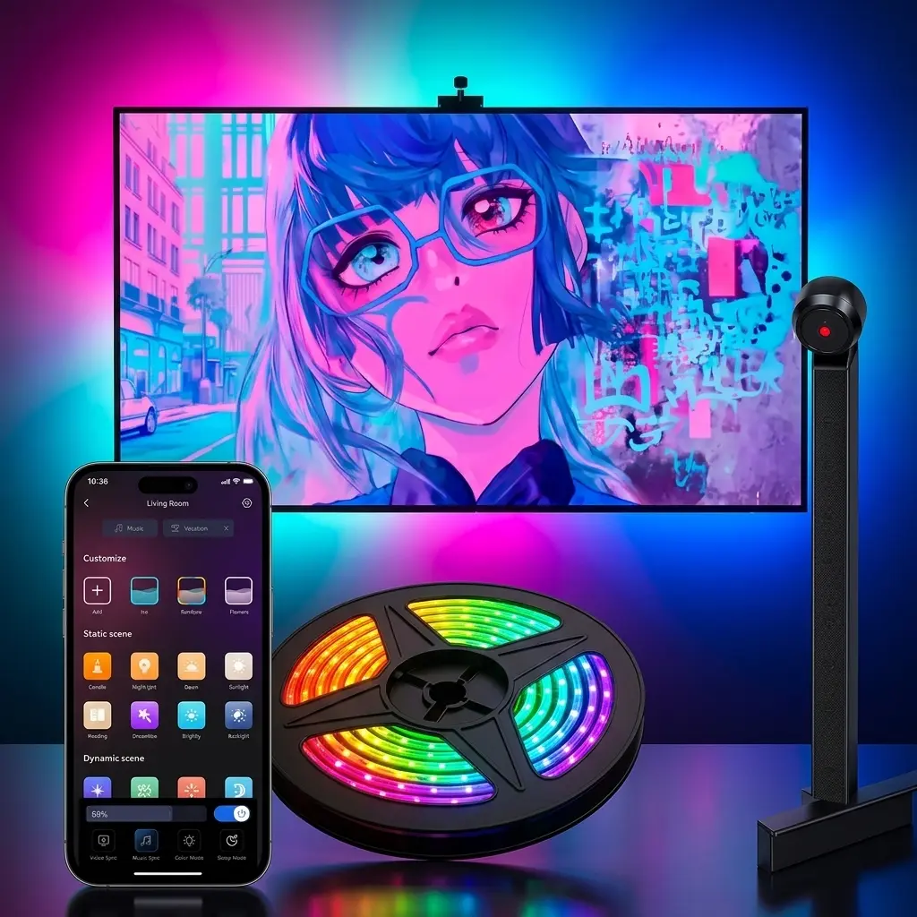 RGB TV Backlight Strip for 60-100 Inch TV, Smart LED Lights with Camera Sync, App Control, Music Sync, Color Changing Ambient Lighting for Home Theater, Gaming Room, Monitor, Movie Night Decoration