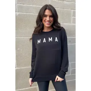 MAMA Block Letter Nursing Top - Black Long Sleeve Crew Neck Autumn Soft Cozy Fabric with Zipper for Easy Pumping