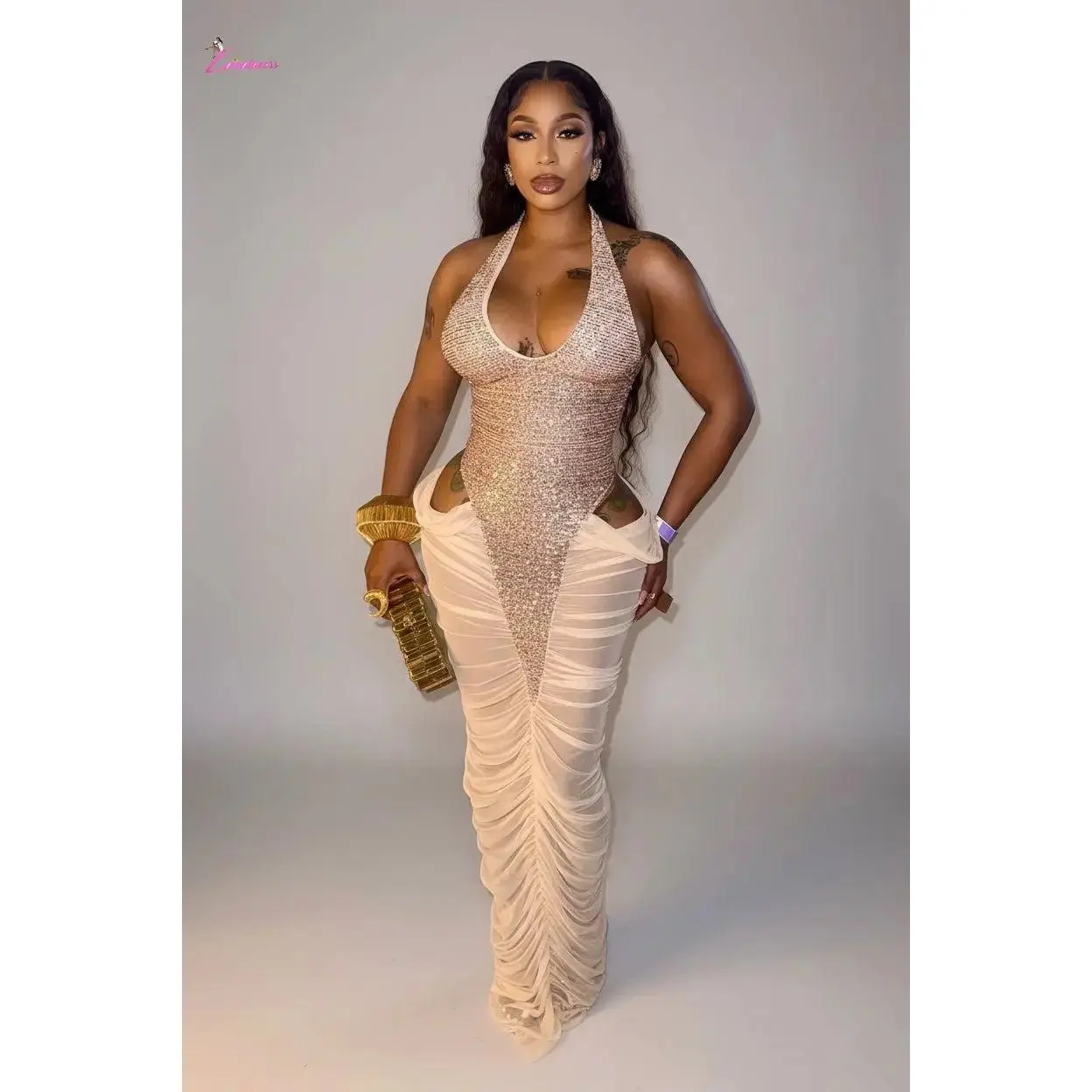 Women's Formal Sequin Halter Deep-V Cutout Sheer Mesh Metallic Hip Maxi Dress, Ideal for Cocktail Events