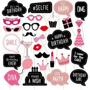Birthday Photo Booth Props Kit - Happy Birthday Party Favors Supplies Bday Party Decoration Set with Real Glitter Cute Bday Designs for Women - Easy to Assemble 30 Pieces (Rose Gold)