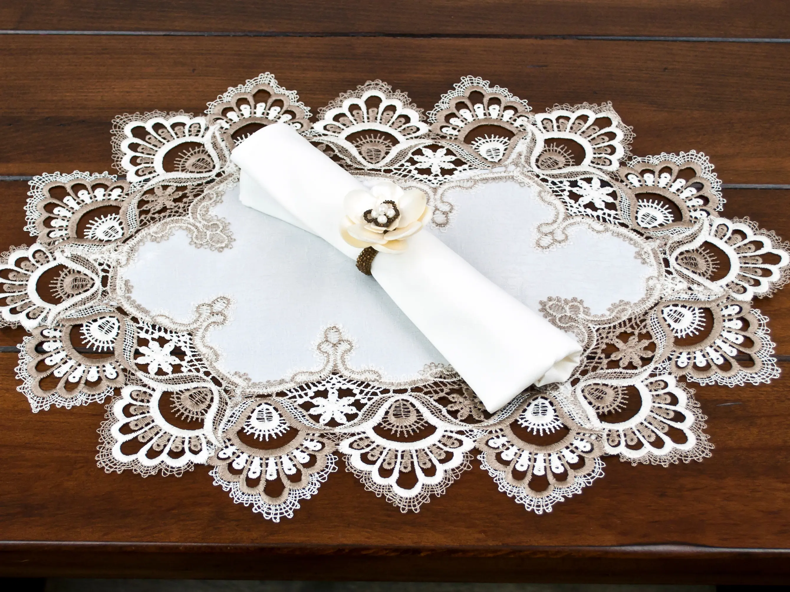 Linens Art And Things Washable Jacquard Placemat/Doily - Cocoa Earth Tone, White, 14"x21" Oval, 15" Round Kitchen Linen