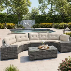 ARCH 8-Piece Outdoor Wicker Half-Moon Sectional Sofa Set with Outdoor Coffee Table, All-Weather PE Rattan Curved Patio Furniture, Beige Thick Foam Movable Cushions, Modular Garden Lounge for Backyard Poolside, Outdoor Coffee Tables