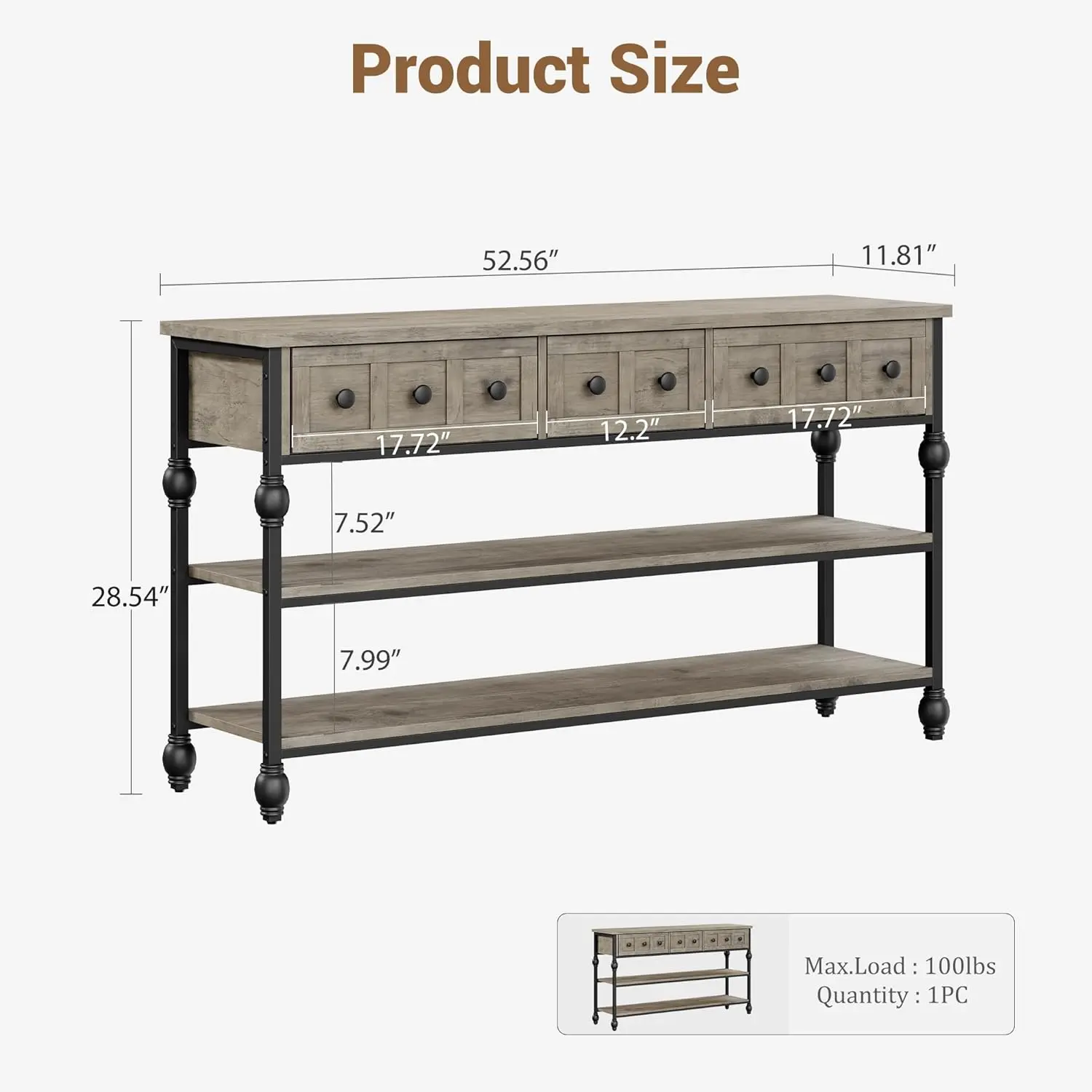 【Christmas Gift】3 Tier Entryway Table with 3 Storage Drawers 52 Inch Industrial Metal Sofa Table Behind Couch Hallway Table Gray