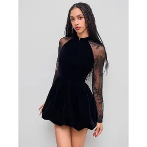 Cider Velvet Mandarin Collar Bubble Hem Lace Mini Dress