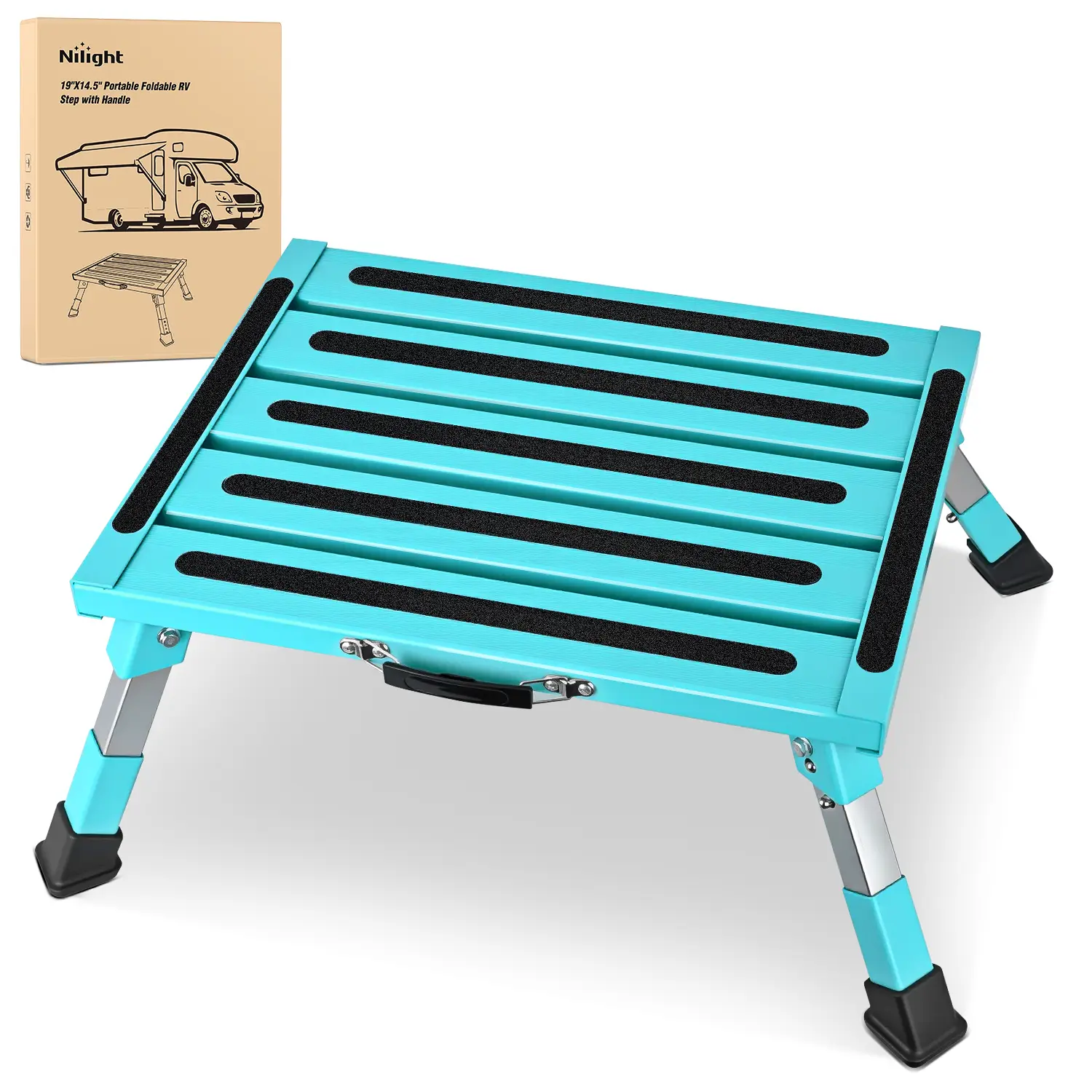 Nilight RV Step Stool Aluminum Folding Platform Steps 19x14.5 RV Steps 4 Levels Adjustable Heavy Duty Step Stool with Anti-Slip Surface Rubber Feet Portable Handle 500lb for Camper Trailer,Mint Green