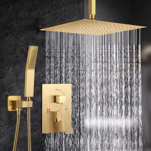 1set Shower System, 12 Inch Square High Pressure Rain Shower Head, Bathroom Luxury Rainfall Shower System Combo Set With Handheld Sprayer, Ceiling Mounted Shower Faucet Set, Rough-in Valve Body And Trim, Bathroom Accessories, Brushed Gold