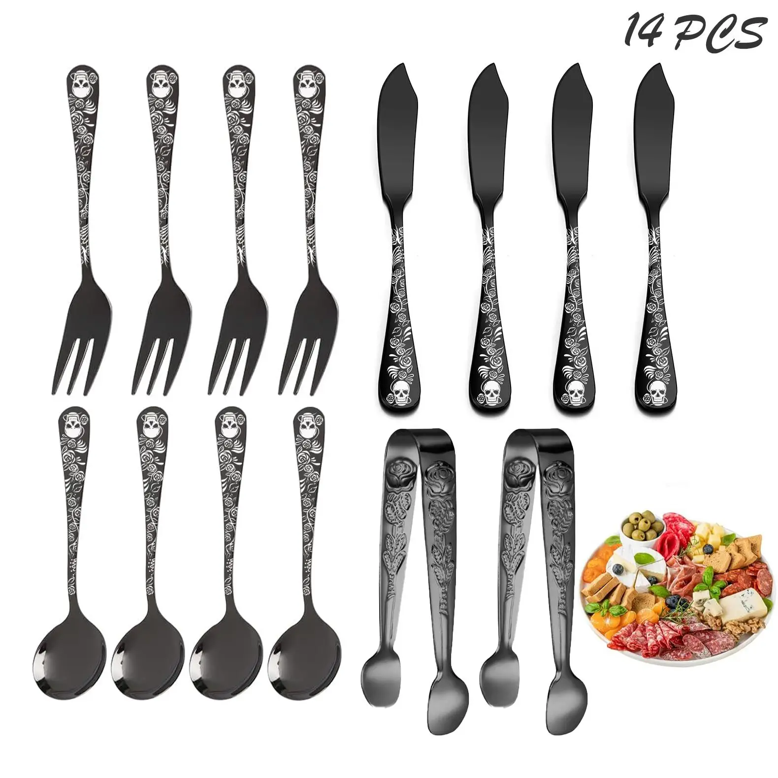 Gothic Style Cutlery Set, 7/14pcs/set Stainless Steel Butter Knife & Fruit Cake Fork & Spoon & Food Clip, Tableware Set for Home Kitchen Party Dining
