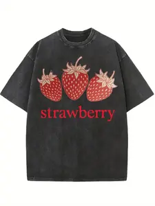 Women's Heavyweight 100% Washed Retro Strawberry Print T-Shirt- Loose Oversized Vintage Texture, Soft Round Neck Short Sleeve Casual Street Style Top with Strawberry and Strawberry Letters, All-Season Casual We
