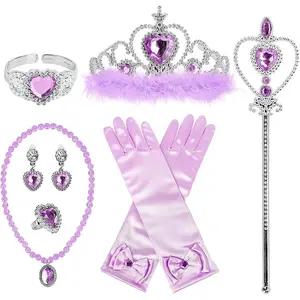 KF5-32 Princess Dress Up Accessories Princess Gloves, 7pcs Dress Up Set for Toddler Girls with Princess Crown, Wand, Gloves, Necklace, Earrings, Bracelet and Ring, Costume Toys for 3-6 yr Little Girls