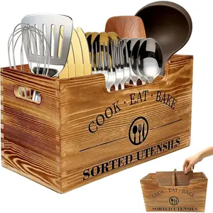 Upgraded Extra Large Wooden Kitchen Utensil Holder for Countertop with 3 Adjustable Combination Designs for Cooking Utensil and Silverware Storage
