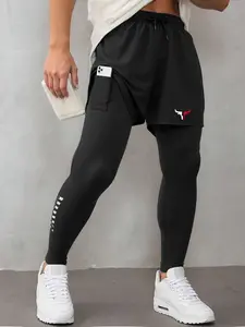 Men's couples 2-in-1 quick-drying sports trousers - moisture-wicking fitness running training trousers with pockets, tight fit for gym, hiking and beach (solid color), fitness clothing, Breathable Activewear Bottoms