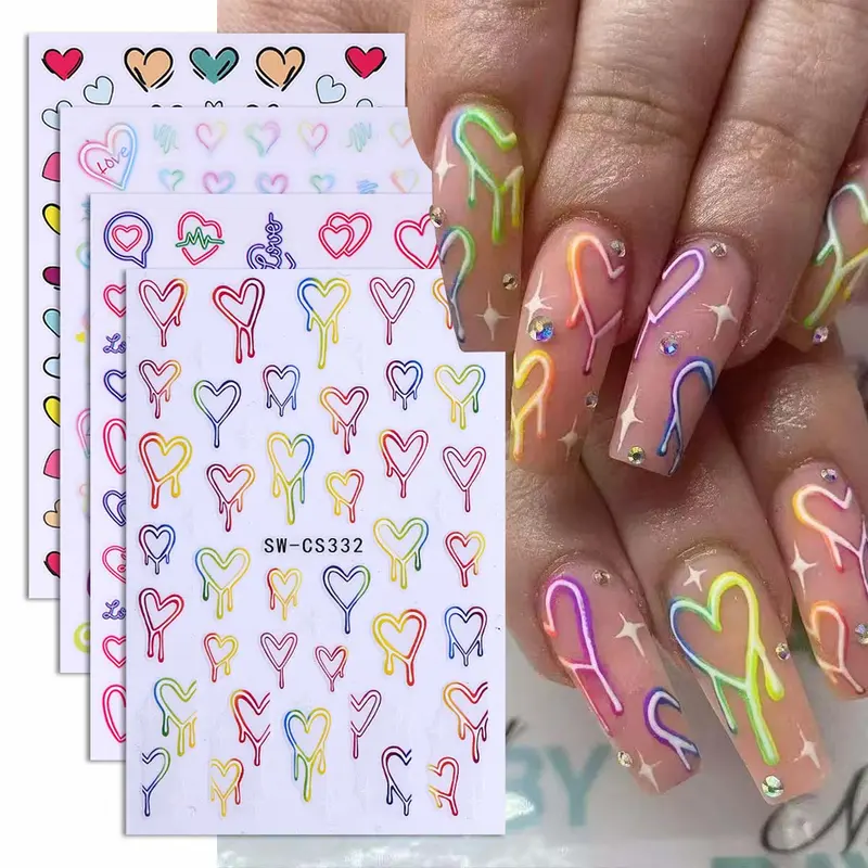4 Pcs Neon Heart Transferable Nail Art Stickers, Colorful Gradient Love Design, Valentine's Day Nail Decals, Valentines Nail Stickers, Suitable for Women and Girls