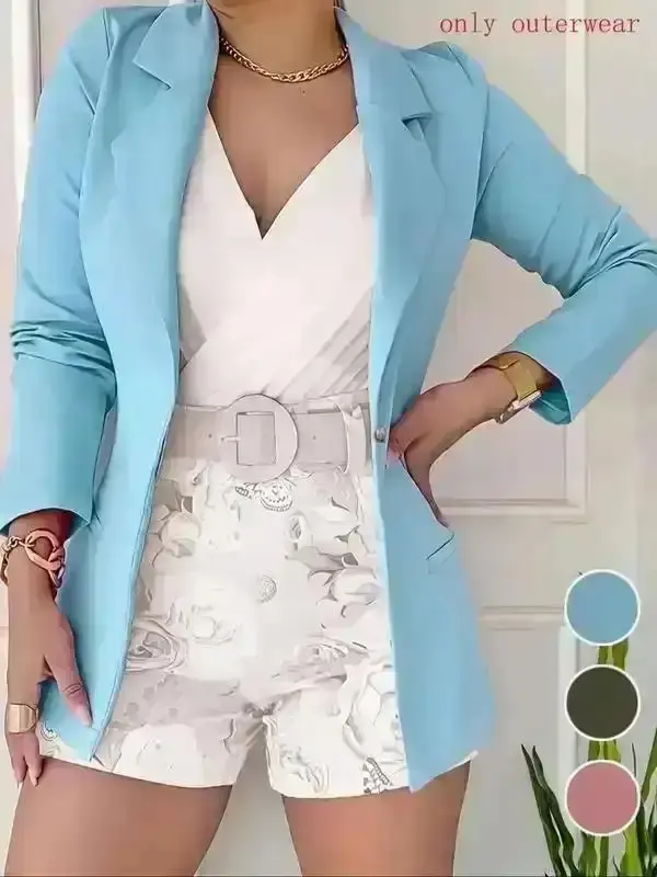 Varsity Letterman Jacket, Solid Button Front Lapel Neck Blazer, Elegant Long Sleeve Outerwear for Work Office Business, Ladies Spring & Fall Clothes, Day Out, Adjustable, Classy, Coat Fit, Effortless Style, Outdoor