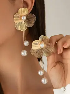 Asymmetric Large Petal Hollow Earrings with 3D Faux Pearl Fringe, Unique Women's Jewelry for Daily Wear, Parties, Birthdays