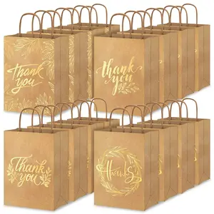 12 Piece Christmas Party Thank You Bags, Gold Foil Leather Paper Gift Bags, Paper Bags with Handles for Weddings Birthdays Baby Showers, Party Packs