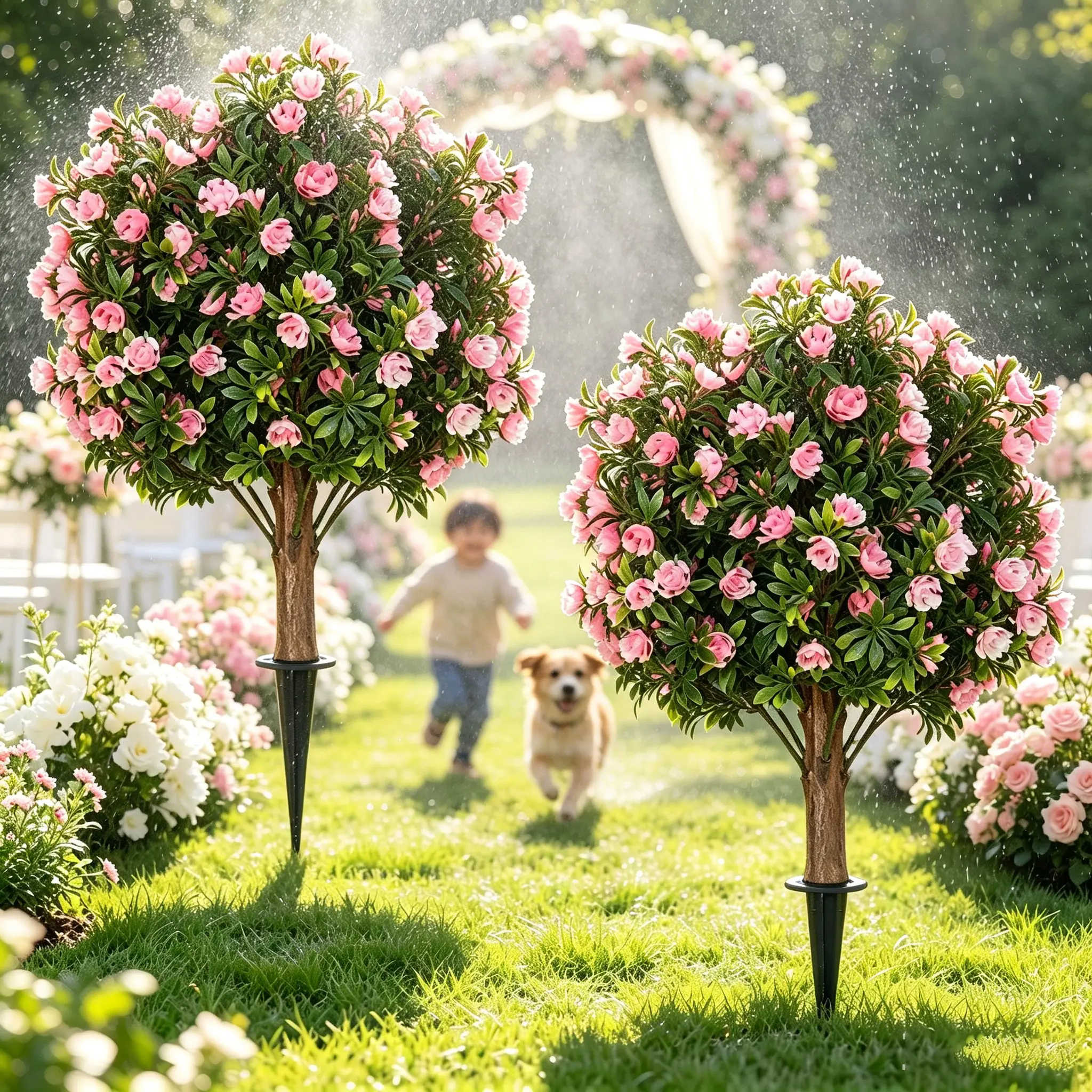 2-Pack UV-Resistant Artificial Boxwood Topiary Ball Trees with Pink Flowers, 24-in Faux Greenery Shrubs, Decorative Fake Plants for Garden, Porch with Ground Spike